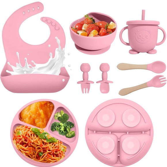 Pink Silicone Baby Bib and Feeding Set - Picture 1 of 3